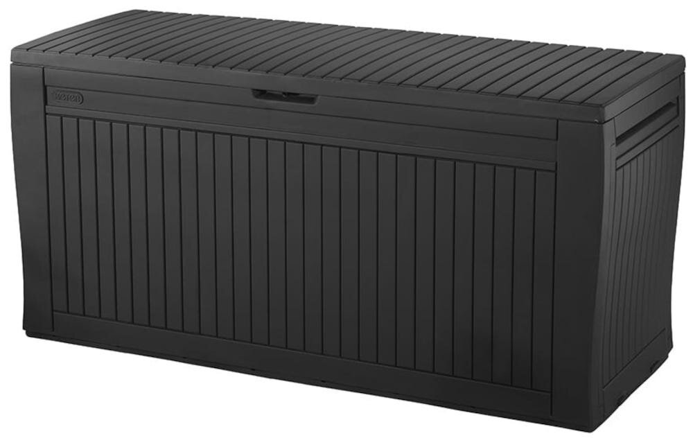 Skrzynia ogrodowa KETER Comfy Storage Box 270l Brąz z wysokiej jakości polipropylen imituje naturalne drewno nie wymaga konserwacji system JUST CLICK AND GO montaż na zatrzaski