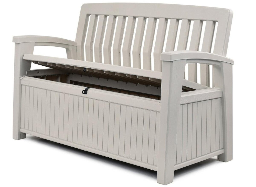 Ławka ogrodowa ze skrzynią KETER Patio Storage Bench 227L Biała Brązowy przyjemny releka komfortowy wypoczynek w kolorze białym