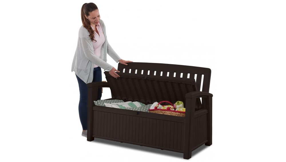 Ławka ogrodowa ze skrzynią KETER Patio Storage Bench 227L Biała Brązowy wysoka odporność na skrajne warunki atmosferyczne