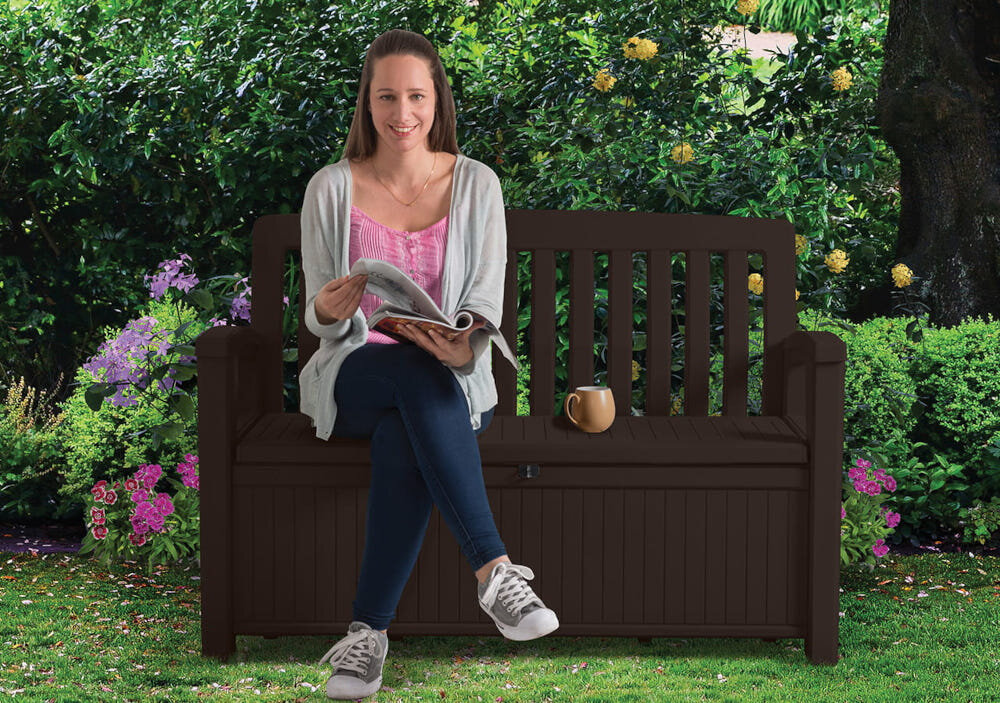 Ławka ogrodowa ze skrzynią KETER Patio Storage Bench 227L Biała z wysokiej jakości polipropylenu imituje strukturę drewna sstem JUST CLICK AND GO montaż na zatrzaski