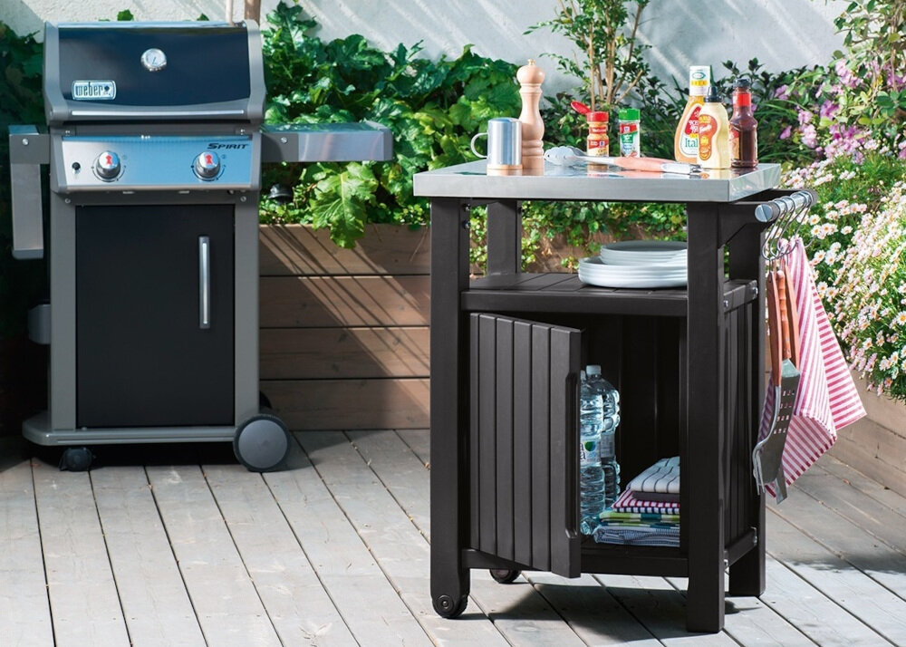 Stół ogrodowy KETER grillowy Unity 230410 Brązowy niewielkie rozmiary 82 x 52 x 90 cm pojemna szafka pojemność 105 litrów