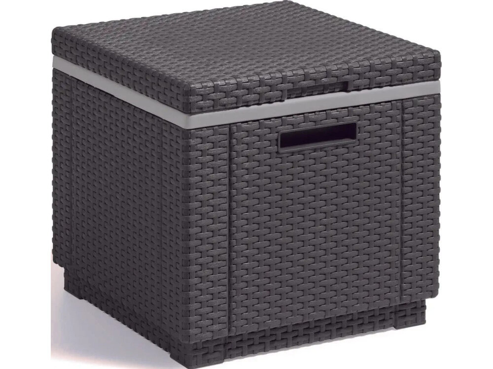 Pufa ogrodowa KETER Ice Cube 213828 Grafitowy pufa z zamkniętą klapą pusty schowek zdjęcie na białym tle funkcjonalny element wyposażenia trzy funkcje wygodne siedzisko praktyczny schowek pojemnik do chłodzenia napojów wymiary 42 x 42 x 41 cm na taras na balkon do ogrodu