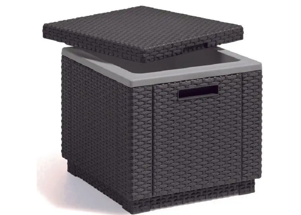 Pufa ogrodowa KETER Ice Cube 213828 Grafitowy pufa z otwartą klapą pusty schowek zdjęcie na białym tle stabilność i komfort podczas siedzenia obciążenie do 110 kg solidne wykonanie dodatkowe miejsce do siedzenia