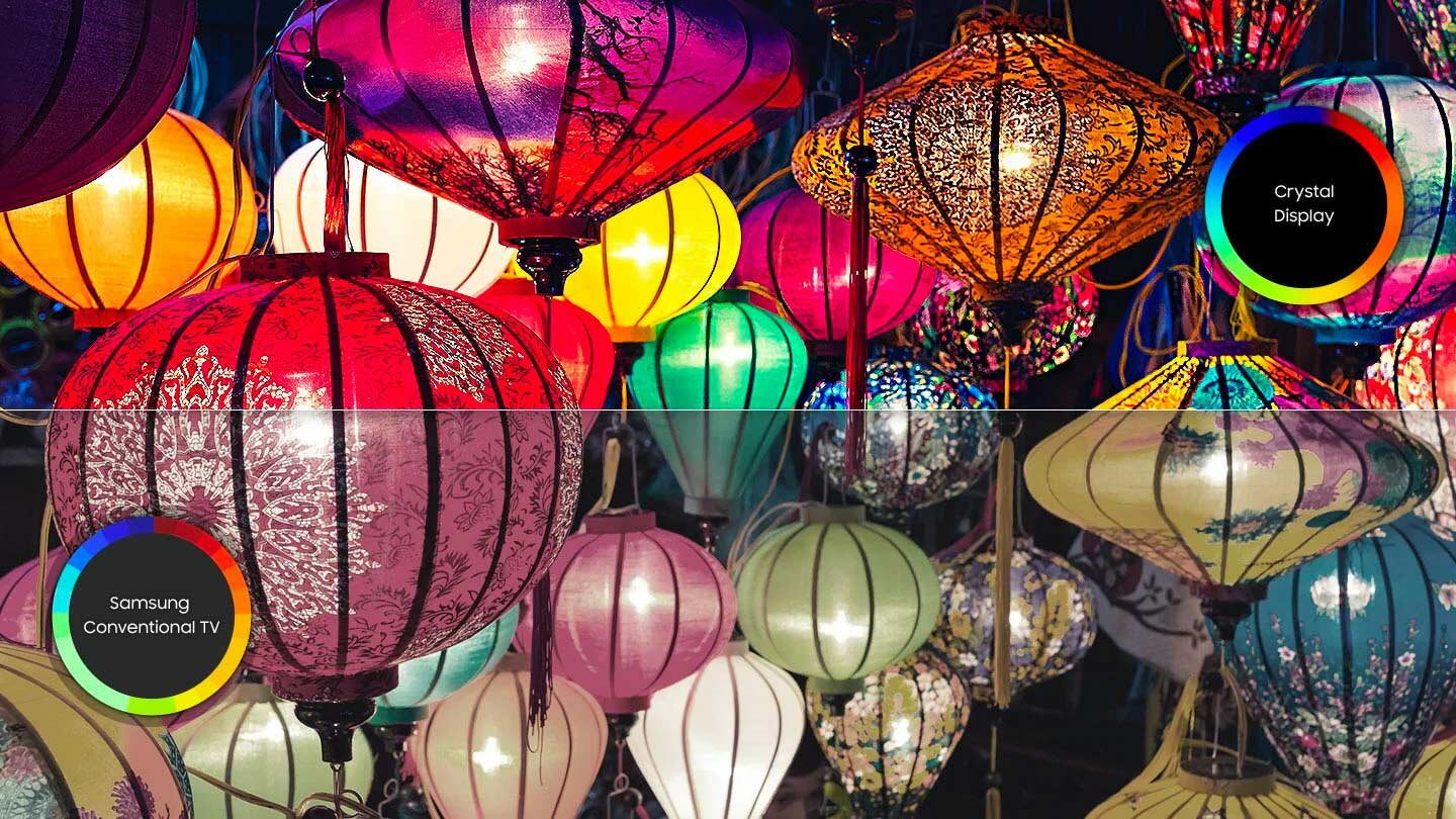 Porównanie wyświetlania Crystal Display i Samsung Conventional TV na podstawie zdjęcia kolorowych lampionów