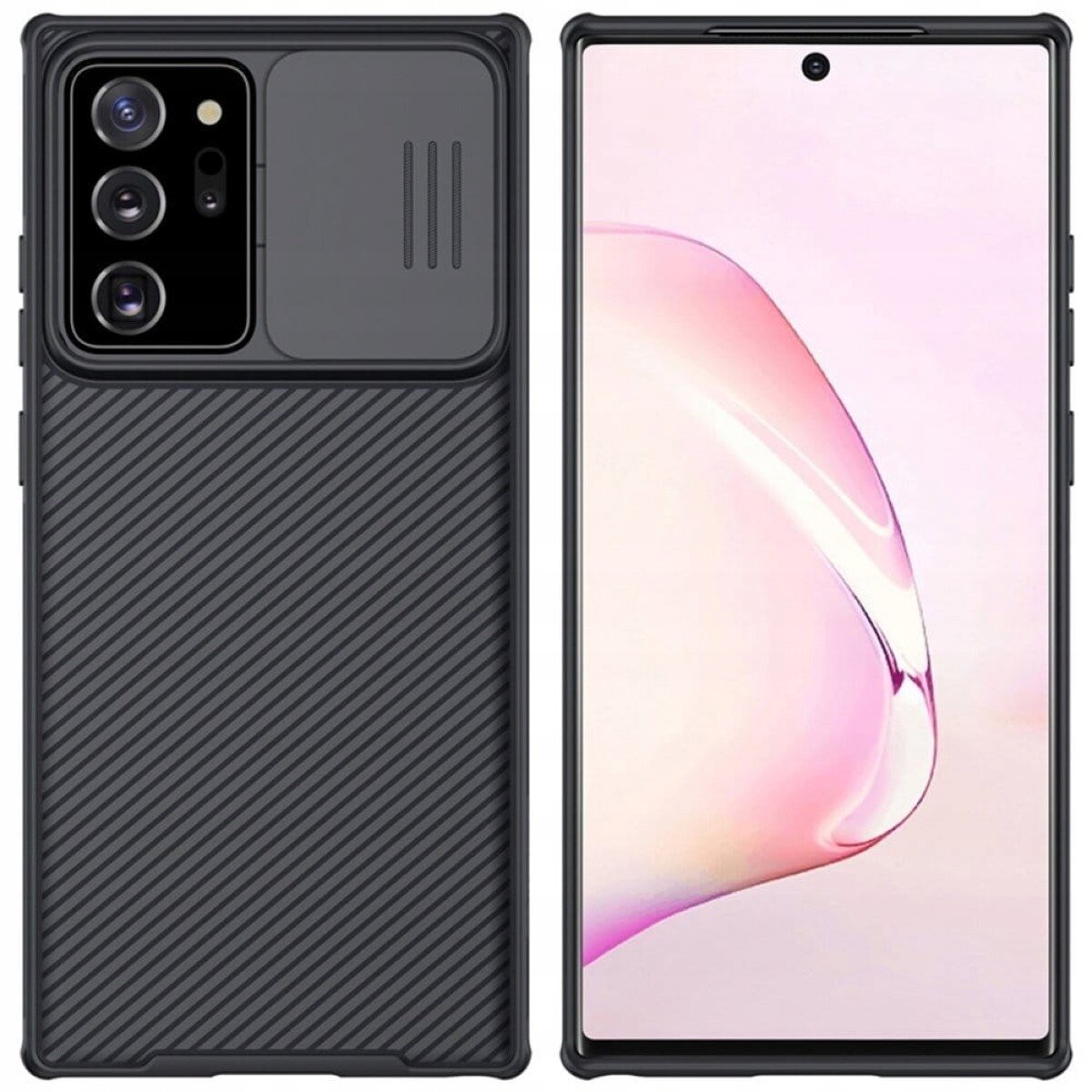 Obraz przedstawia etui na telefon z widocznym miejscem na aparat oraz ekran telefonu z wyświetlaczem w jasnych kolorach. Etui ma teksturę w skośne linie i przesuwane osłony na aparat.