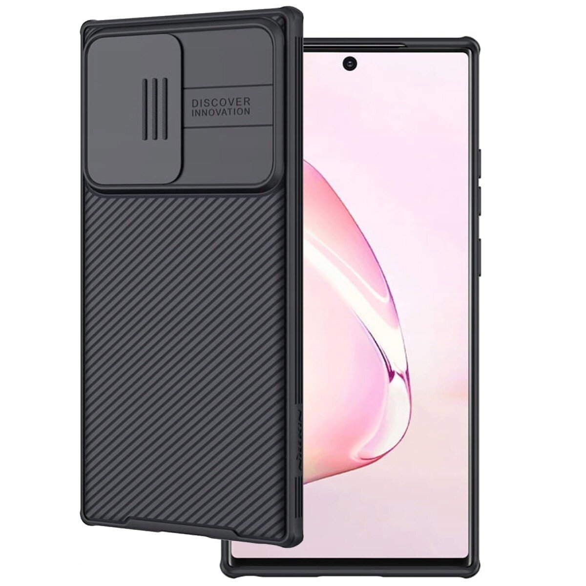 Etui na telefon z ciemnym, prążkowanym wzorem i przesuwaną osłoną na aparat z napisem \'DISCOVER INNOVATION\'.
