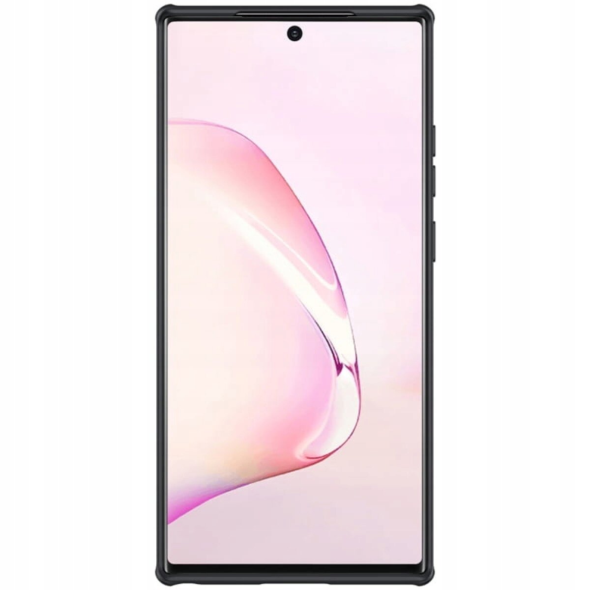 Obraz przedstawia smartfon z wyświetlaczem w etui, z widocznym przednim aparatem na górze. Tło ekranu jest jasnoróżowe z delikatnym gradientem.