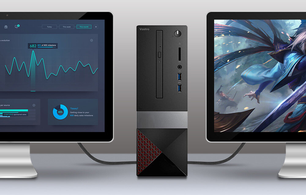 UGREEN HD135 Szeroka kompatybilność konsolę, laptopa, komputer lub TV Box telewizorem, monitorem albo projektorem - dwa monitory podłączone do komputera