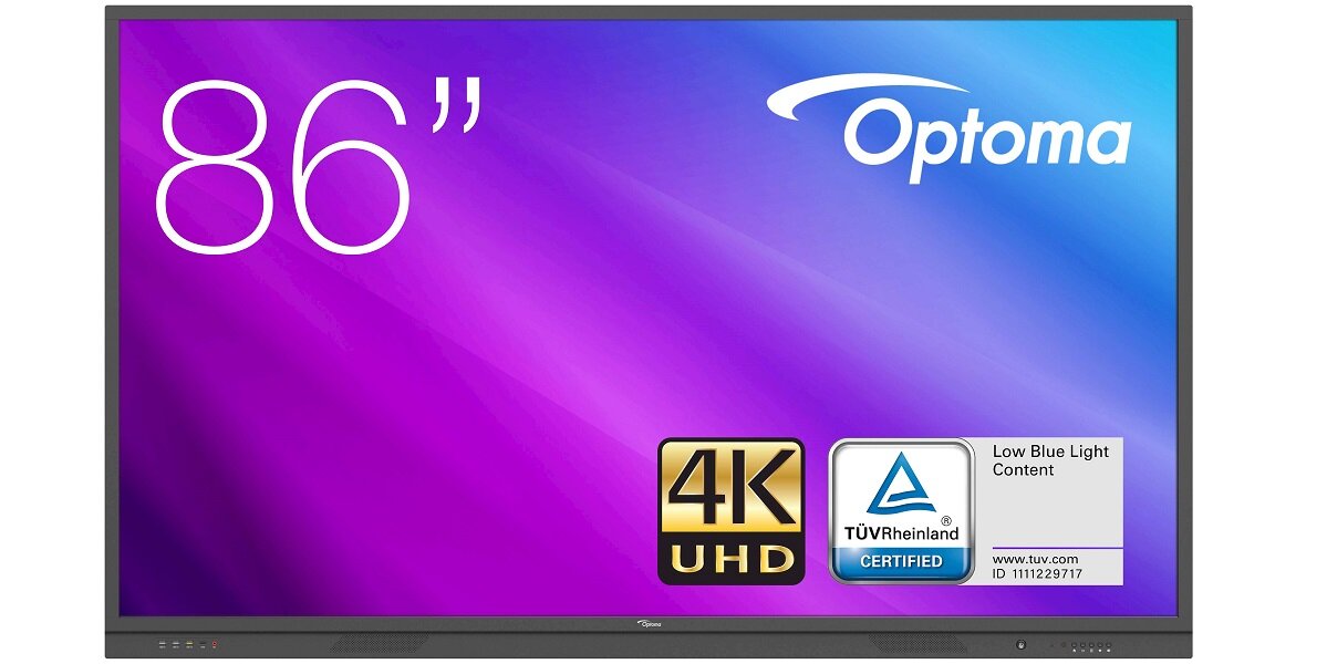 Monitor OPTOMA 3861RK 86 3840x2160px wyświetlacz cale funkcjonalność matryca odświeżanie reakcja złącza rozdzielczość ekran biuro dom praca rozrywka USB wideo audio Ultra HD 4K dotykowy LED jasność kontrast