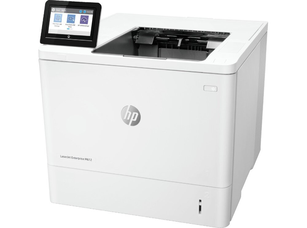 Drukarka HP LaserJet Enterprise M612dn Automatyczny druk dwustronny Widok drukarki pod kątem, widać ekran dotykowy i otwartą tacę odbiorczą na górze, jakość, rozdzielczość, wkłady