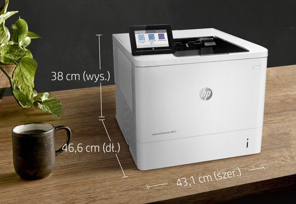 Drukarka HP LaserJet Enterprise M612dn Automatyczny druk dwustronny Drukarka na biurku z wymiarami zaznaczonymi graficznie: wysokość 38 cm, szerokość 43,1 cm, głębokość 46,6 cm, technologia