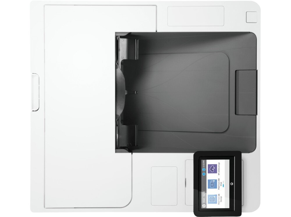 Drukarka HP LaserJet Enterprise M612dn Automatyczny druk dwustronny Widok z góry na drukarkę z ekranem dotykowym i otwartą tacą odbiorczą, podajnik, taca odbiorcza, format