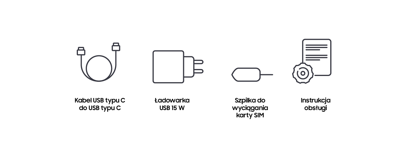 Kabel USB typu C, ładowarka, szpilka do wyciągania karty SIM oraz instrukcja obsługi Kabel USB typu C, ładowarka, szpilka do wyciągania karty SIM oraz instrukcja obsługi