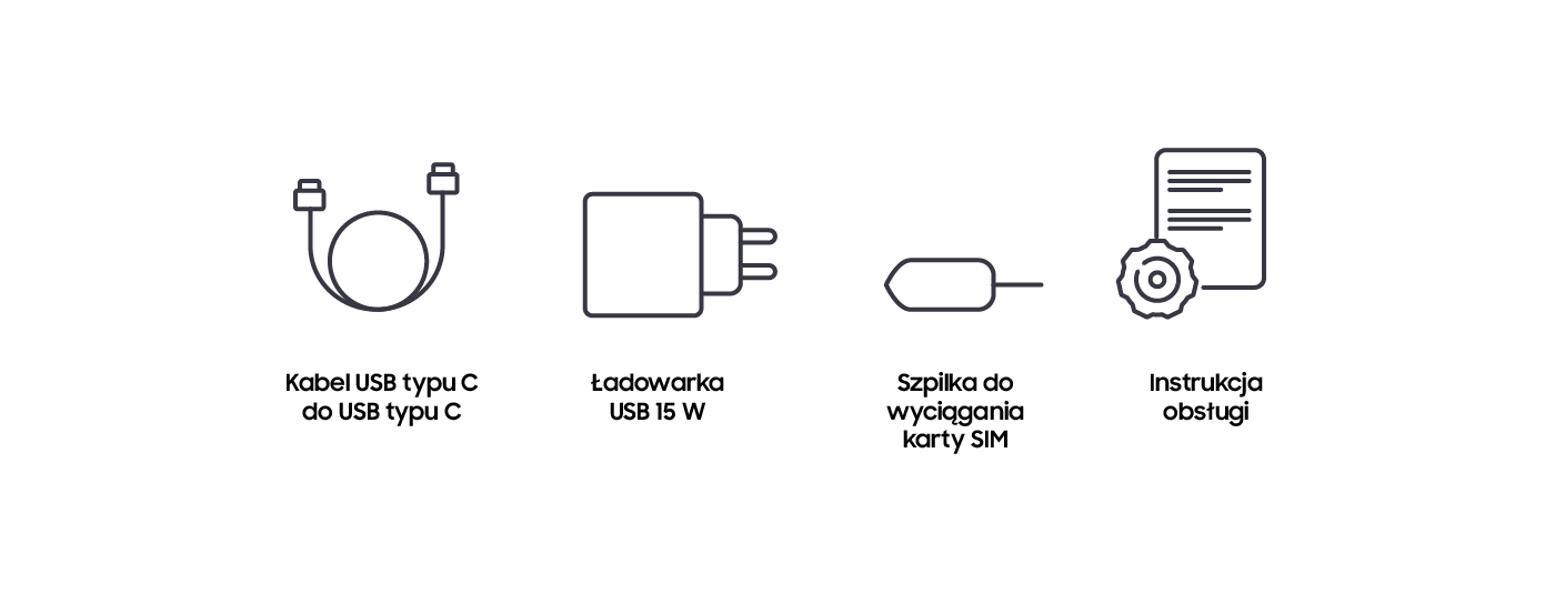 Kabel USB typu C, ładowarka, szpilka do wyciągania karty SIM oraz instrukcja obsługi Kabel USB typu C, ładowarka, szpilka do wyciągania karty SIM oraz instrukcja obsługi