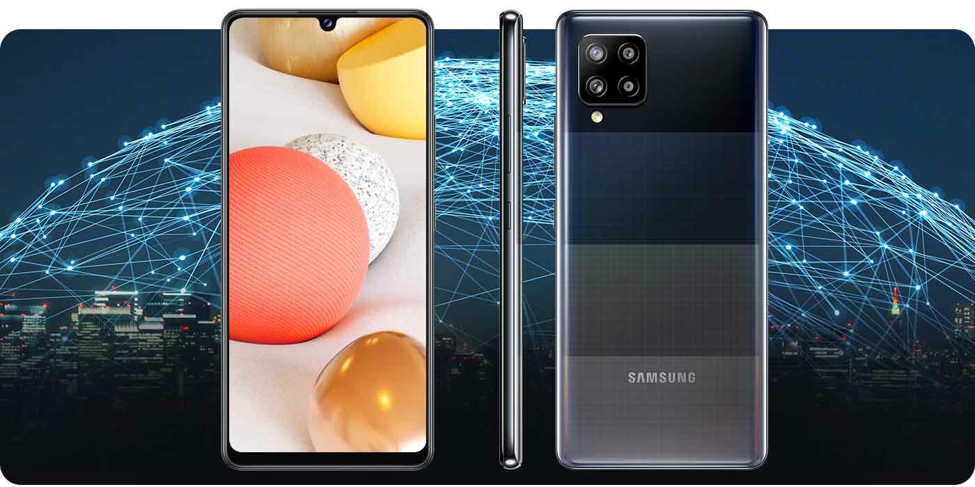 Telefon Samsung przedstawiony z przodu z boku i z tyłu Telefon Samsung przedstawiony z przodu z boku i z tyłu