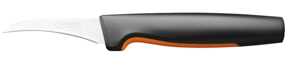 Nóż FISKARS Functional Form 1057545 wysoka jakość japońskiej stali nierdzewnej długotrwała ostrość ostrza ergonomiczna rękojeść powłoka SoftGrip pewnie lezy w dłoni komfortowy i bezpieczny chwyt duży ogranicznik na palce wygoda uzytkowania łatwy w pielęgnacji może być myty w zmywarce twardość na poziomie 52 HRC wydajnośc cięcia funkcjonalność stylowy design