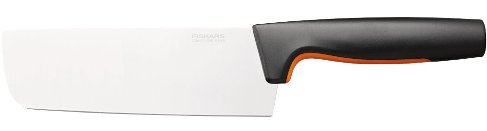 Nóż FISKARS Functional Form 1057537 dla miłośników kuchni azjatyckiej precyzja wygoda szerokie ostrze wysoka jakośc japońskiej stali nierdzewnej łatwe krojenie i siekanie równa dokładna obróbka twardośc na poziomie 52 HRC zaawansowane testy wydajności cięcia CATRA trwałość ostrość