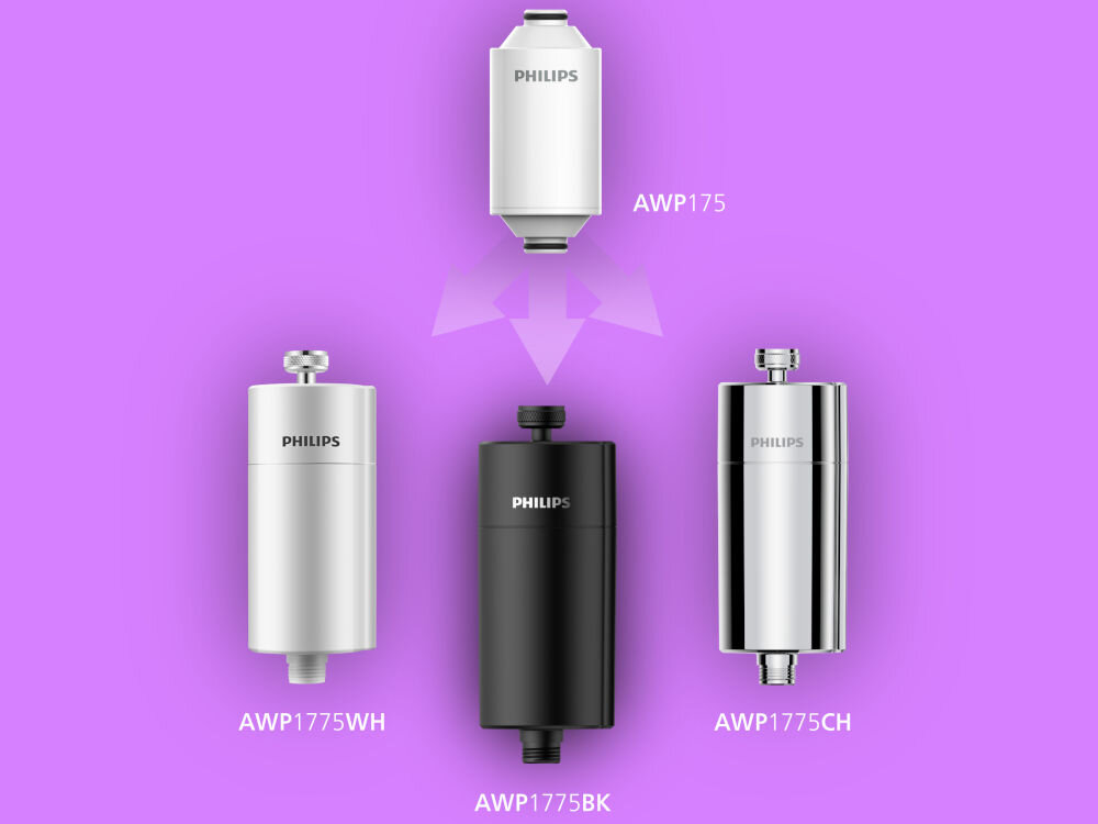 Na fioletowym tle widoczne są cztery wkłady filtrujące marki PHILIPS w różnych kolorach: biały, czarny i chromowany. Obok każdego wkładu znajduje się oznaczenie modelu: AWP175, AWP1775WH, AWP1775BK, AWP1775CH.