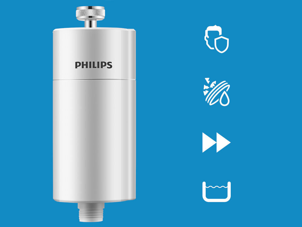 Na niebieskim tle znajduje się biały filtr prysznicowy z napisem PHILIPS. Obok filtra widoczne są cztery białe ikony: tarcza z profilem twarzy, kropla z liniami, podwójna strzałka i pojemnik z wodą.
