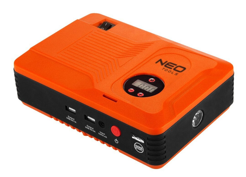 Urządzenie rozruchowe NEO Jump Starter 1.4Ah funcja rozruchu silnika powerbanku kompresora latarki LED praktyczne wsparcie rozmiary 15 x 11,3 x 21,8 cm waga 1,71 kg latwe przechowywanie i transport