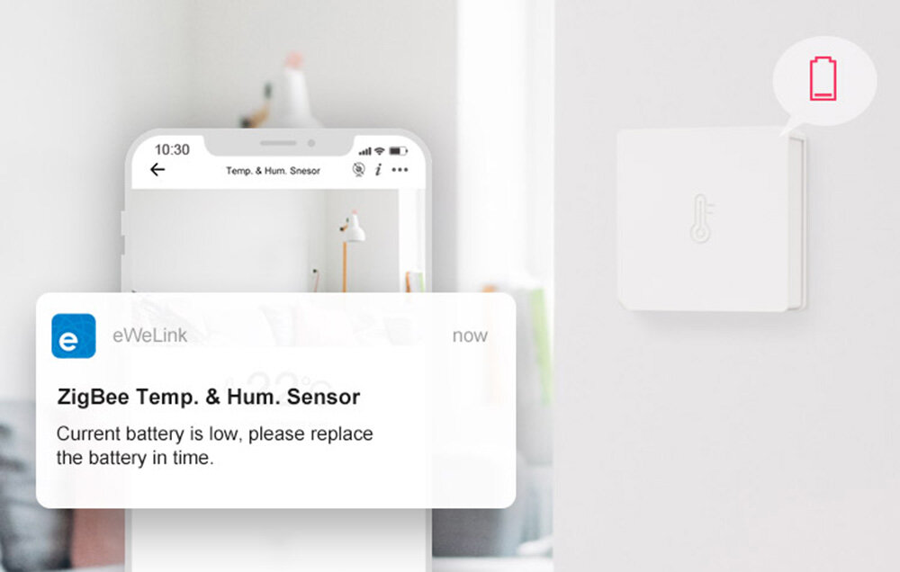 Czujnik temperatury i wilgotności SONOFF SNZB-02 inteligentna aplikacja eWeLink powiadomienie na telefon o spadku energii czujnika ciaglosc pracy zaislanie bateria CR2450 dlugotrwale dzialanie urzadenie ekonomiczne efektywne