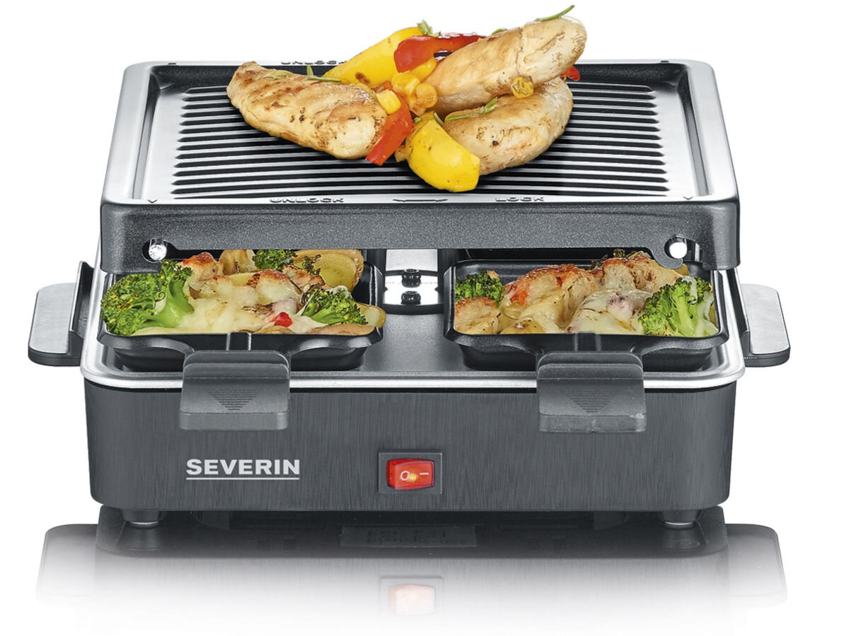 Grill elektryczny SEVERIN RG2370, przemyć, środek, ostudzenie, nieprzywierająca, na białym tle grill frontem na wprost z potrawami na nim