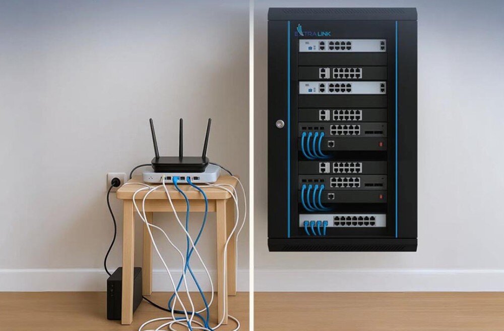 Szafa RACK EXTRALINK 19 18U EX.14367 Po lewej stronie widoczny mały stolik z routerem i plątaniną kabli, po prawej zamontowana na ścianie czarna szafa sieciowa z uporządkowanymi przewodami i urządzeniami sieciowymi, opis