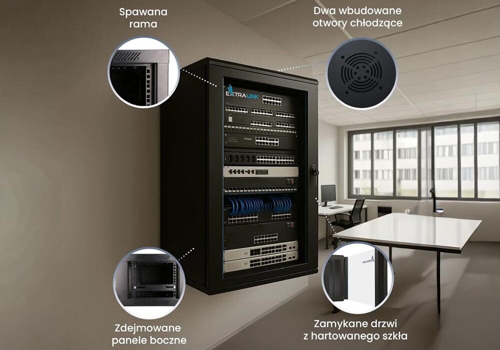 Szafa RACK EXTRALINK 19 18U EX.14367 Czarna szafa wisząca z urządzeniami sieciowymi, wokół zaznaczone elementy konstrukcji takie jak spawana rama, zdejmowane panele boczne, otwory chłodzące w górnej części i zamykane drzwi z hartowanego szkła, cechy, zastosowanie