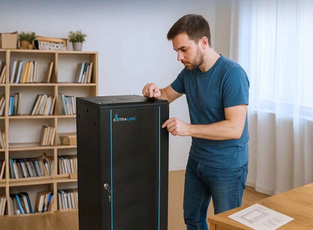 Szafa RACK EXTRALINK 19 18U EX.14367 Mężczyzna w niebieskiej koszulce montuje czarną szafę sieciową w jasnym pokoju z regałem pełnym książek w tle, na biurku leży instrukcja montażu, montaż, obsługa, zamki