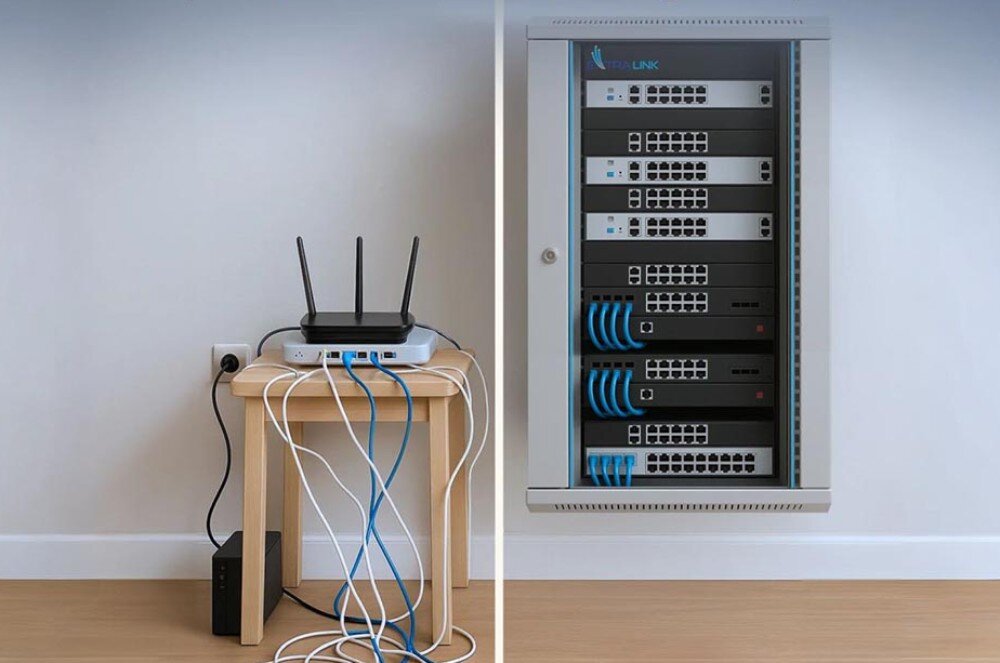 Szafa RACK EXTRALINK 19 18U EX.14374 Po lewej stronie widoczny mały stolik z routerem i plątaniną kabli, po prawej zamontowana na ścianie czarna szafa sieciowa z uporządkowanymi przewodami i urządzeniami sieciowymi, opis