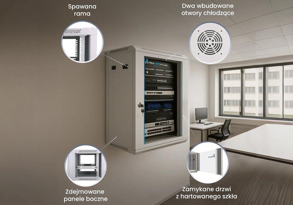 Szafa RACK EXTRALINK 19 18U EX.14374 Czarna szafa wisząca z urządzeniami sieciowymi, wokół zaznaczone elementy konstrukcji takie jak spawana rama, zdejmowane panele boczne, otwory chłodzące w górnej części i zamykane drzwi z hartowanego szkła, cechy, zastosowanie