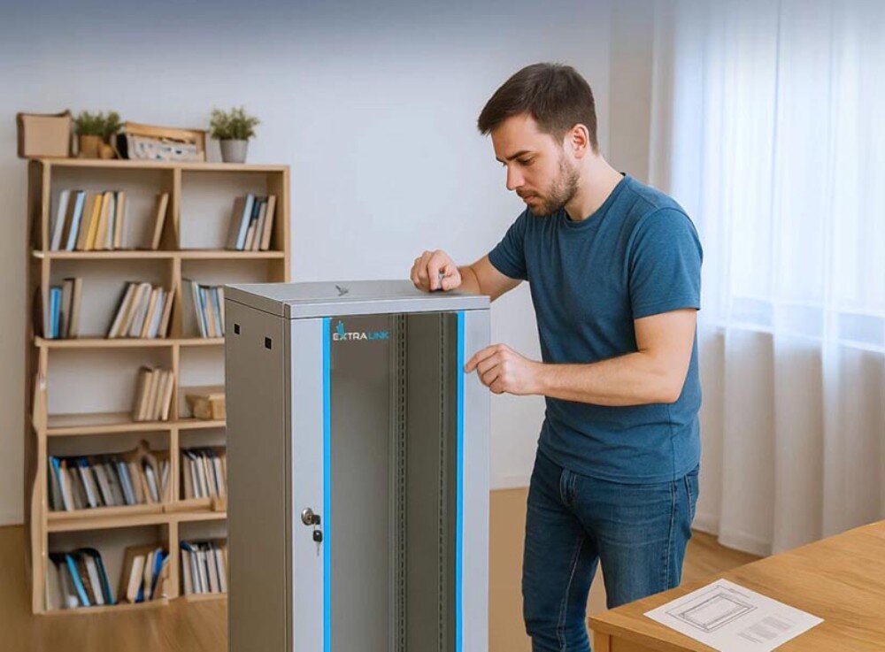 Szafa RACK EXTRALINK 19 18U EX.14374 Mężczyzna w niebieskiej koszulce montuje czarną szafę sieciową w jasnym pokoju z regałem pełnym książek w tle, na biurku leży instrukcja montażu, montaż, obsługa, zamki