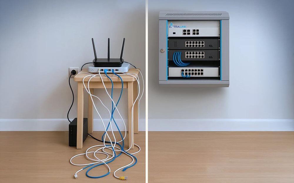 Szafa RACK EXTRALINK 19 6U EX.12936 600 x 600 mm Szafa serwerowa z zamkniętymi drzwiczkami, kilka kabli wokół, opis