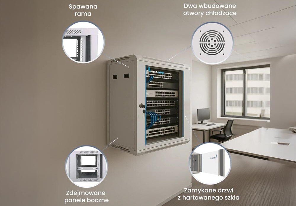 Szafa RACK EXTRALINK 19 6U EX.12936 600 x 600 mm Szafa serwerowa na ścianie w biurze, w pobliżu stolik z komputerem and zasobnikami, wnętrze, miejsca na wentylatory, standard