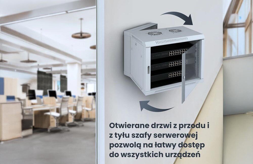 Szafa RACK EXTRALINK 19 6U EX.12936 600 x 600 mm Pokój biurowy z biurkami i monitorami, puste stanowiska pracy, drzwiczki, otwieranie, boczne panele