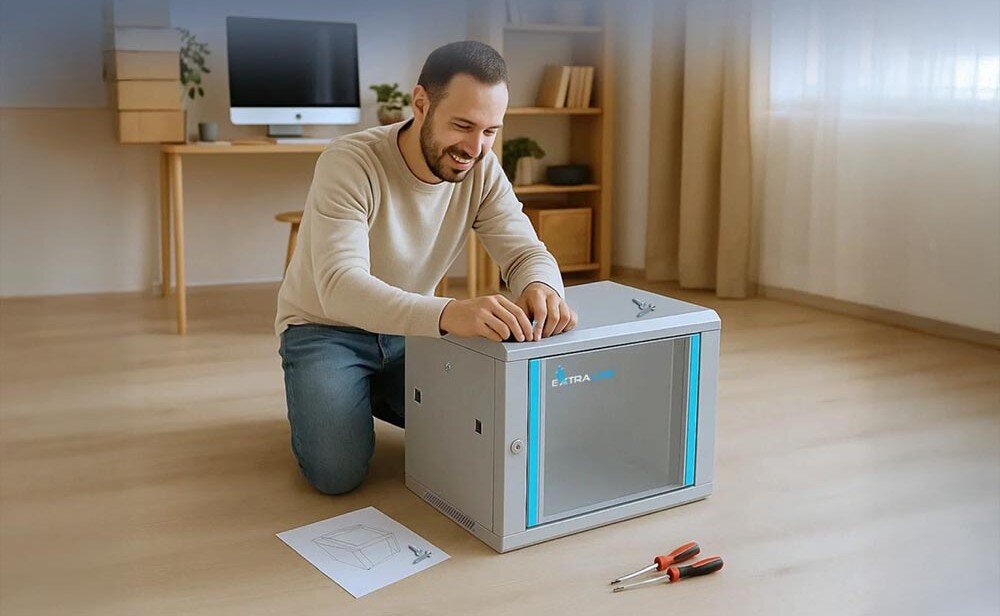 Szafa RACK EXTRALINK 19 6U EX.12936 600 x 600 mm Osoba na podłodze składa mebel komputerowy z narzędziami w pobliżu i krótkimi przewodami, konstrukcja, montaż