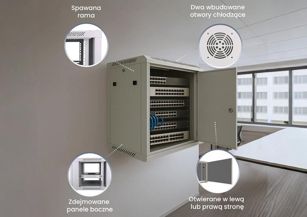 Szafa RACK EXTRALINK 19 6U EX.13001 600 x 600 mm Otwarta szafka naścienna z widocznymi urządzeniami sieciowymi w środku, otoczona grafikami prezentującymi jej budowę, wymiary, pojemność, wnętrze