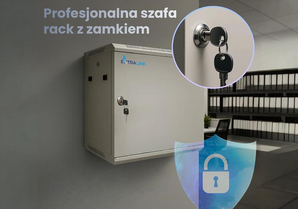 Szafa RACK EXTRALINK 19 6U EX.13001 600 x 600 mm Szara szafka wisząca na ścianie w biurze, z graficznym przybliżeniem na zamek z kluczami oraz ikoną tarczy z kłódką, drzwiczki, boczne panele, zamki