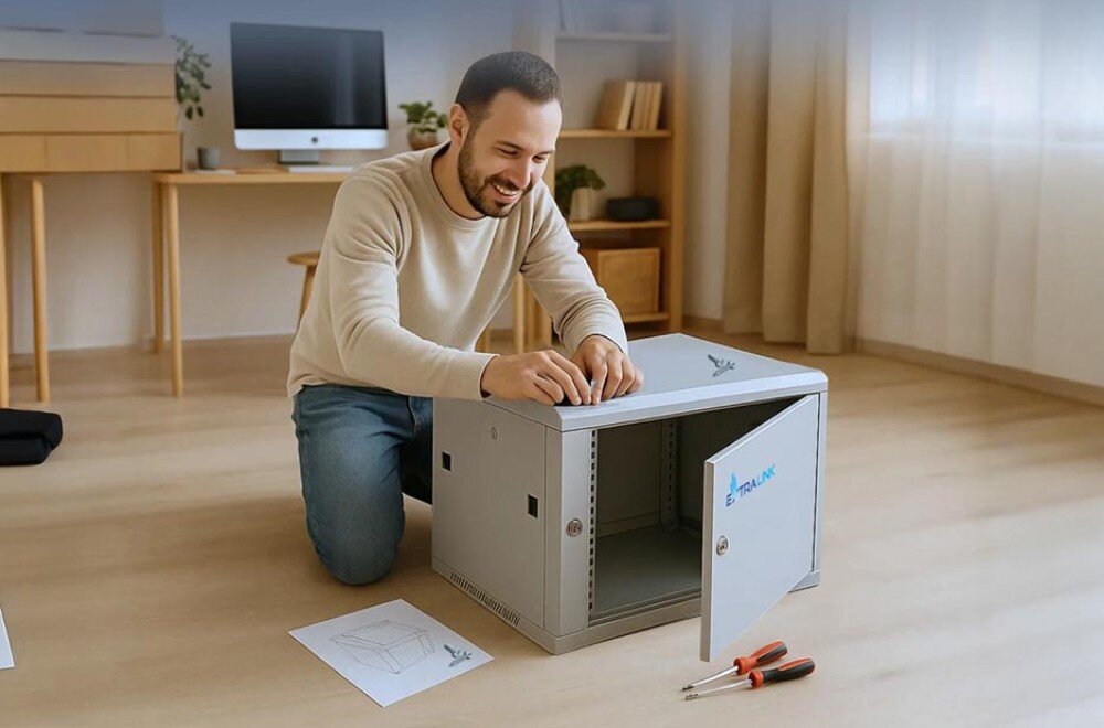 Szafa RACK EXTRALINK 19 6U EX.13001 600 x 600 mm Uśmiechnięty mężczyzna montuje na podłodze metalową szafkę, obok leżą śrubokręty i instrukcja, miejsce na wentylatory, prowadzenie okablowania, montaż