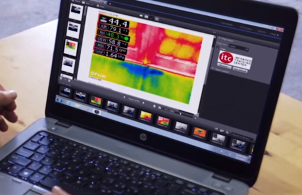 Higrometr termowizyjny FLIR MR176 IGM 80x60px + czujnik + sonda stykowa laptop w widzocznymi pomiarami intuicyjny interfejs funkcja syzbkiej wymiany czujnika przeprowadzanie pomiarów bez zbędnych przestojów system wyświetlania wyników w czasie rzeczywistym możliwość łatwego generowania raportów