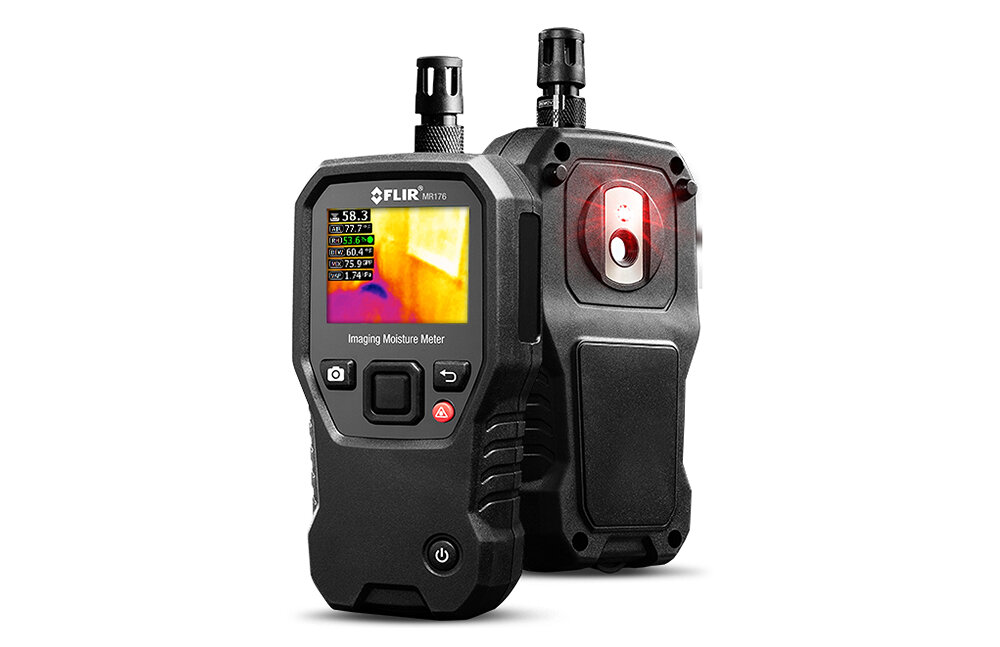 Higrometr termowizyjny FLIR MR176 IGM 80x60px + czujnik + sonda stykowa urządzenie na białym tle w dwóch ujęciach stopień ochrony na poziomie IP54 chroniony przed kurzem i wilgocią odporne na deszcz pył i niekorzystne czynniki zewnętrzne