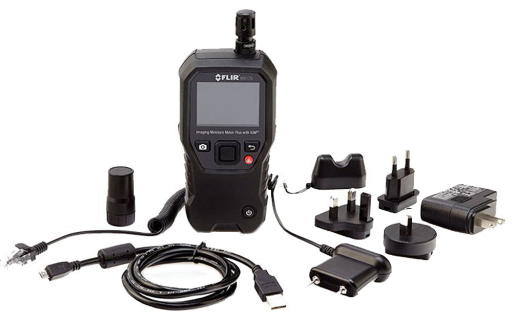 Higrometr termowizyjny FLIR MR176 IGM 80x60px + czujnik + sonda stykowa zestaw na białym tle w zestawie higrometr wymienny czujnik temperatury i wilgotności MR01 standardowa sonda z bolcem MR02 przewodnik szybkiego start międzynarodowa ładowarka USB-A kabel USB-A/microUSB dokumentacja