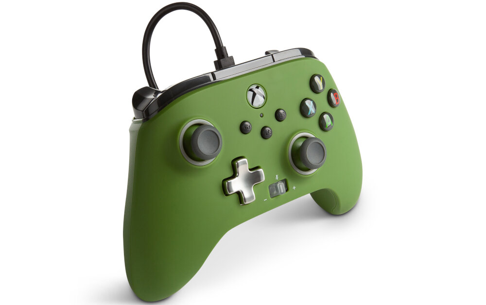 Kontroler POWERA Enhanced jakość wykonanie sterowanie drążki analogowe udostępnianie osiągnięcia zrzuty ekranów możliwości konfiguracja mapowanie drgania silniczki wibracyjne gniazdo pokrętło regulacji głośności kabel USB opakowanie zestaw