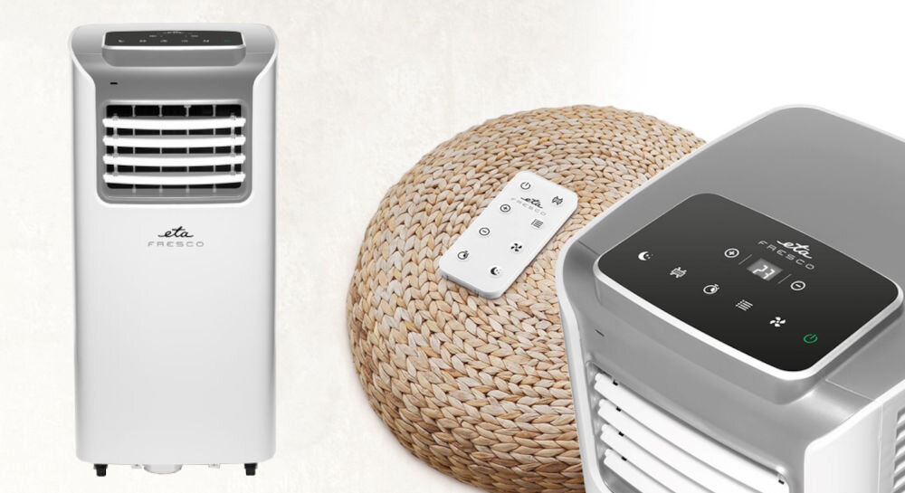 Klimatyzator ETA Fresco 057890000 trzy funkcje chłodzenie osuszanie wentylacja komfortowe warunki wysoka wydajność chłodzenia pomieszczenia do 20m2 trzy tryby pracy tryb automatyczny pełna kontrola sterowanie dotykowe wyświetlacz LED zdalne sterowanie intuicyjna obsługa tryb nocny cicha praca 