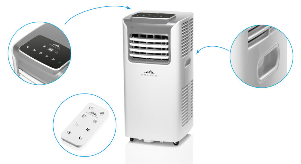 Klimatyzator ETA Fresco 057890000 wysoka efektywność energetyczna klasa A naturalne chłodziwo R290 przyjazne dla środowiska automatyczne odparowanie kondensatu opcja stałego odprowadzania wody dwa zmywalne filtry poprawa jakości powietrza 4 kółka mobilność długi przewód 