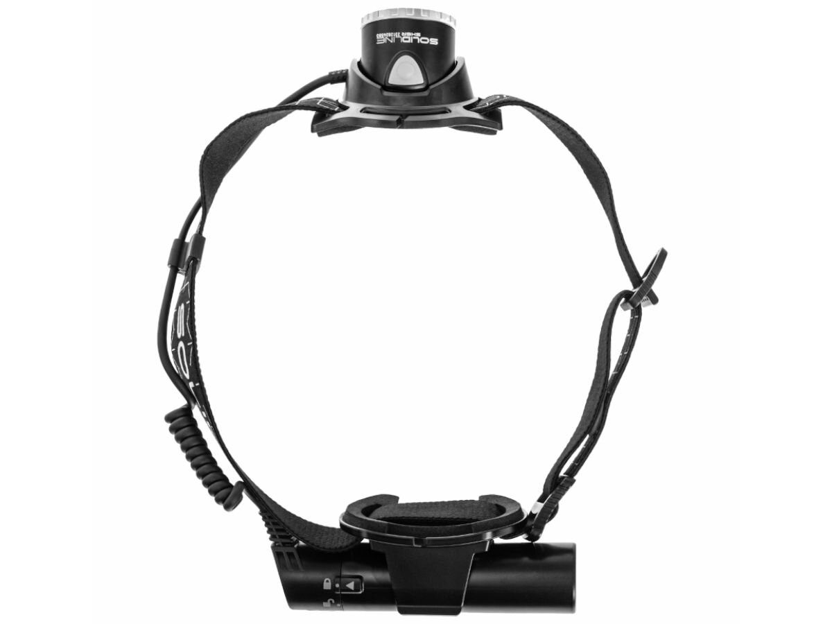 Latarka czołowa LEDLENSER Solidline SH6R, tryby, świecenie, boost, moc, na białym tle latarka czołowa od góry