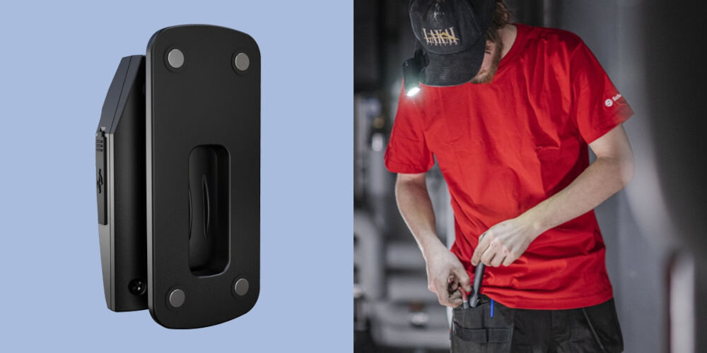 Latarka LEDLENSER Solidline SC4R Czarny niebieskie tło czarny klips w latarce mężczyzna ma przyczepioną latarkę do czapki maksymalna moc 200 lumenów do codziennego użytku specjalistyczne zastosowania sterowanie gestami ruch dłoni Funkcjonalna konstrukcja w każdej sytuacji