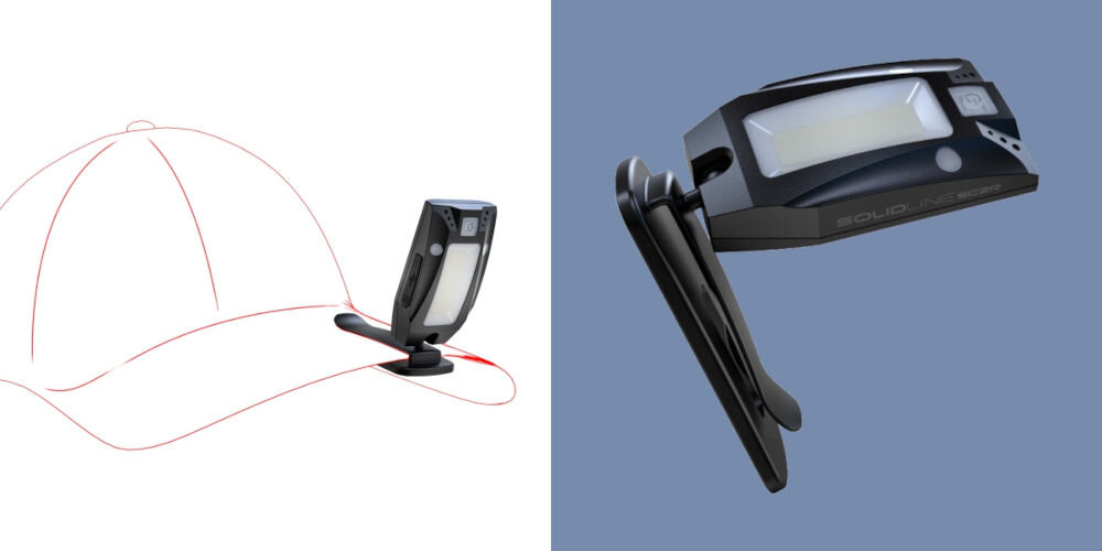 Latarka LEDLENSER Solidline SC4R Czarny białe tło czarna lampka przyczepiana do czapki niebieskie tło czarna lampka klips wbudowany magnes przymocowanie do odzieży plecaka i metalowej powierzchni przegub kulowy ustawienie głowicy lampy w dowolnym kierunku podczas pracy i eksploracji terenu
