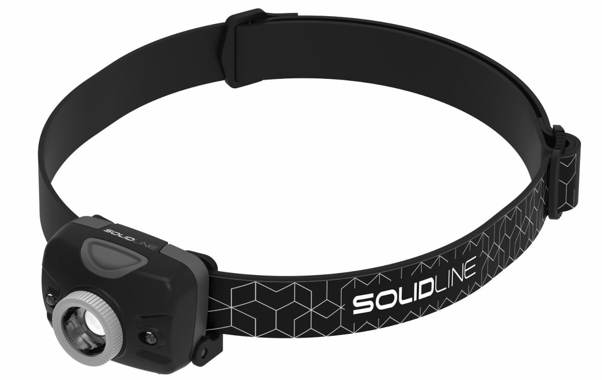 Latarka czołowa LEDLENSER Solidline SH2, policarbon, trwałość, waga, konstrukcja, na białym tle latarka czołowa frontem prawo skos