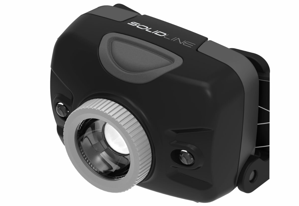 Latarka czołowa LEDLENSER Solidline SH2, lumeny, zasięg, tryby, jasność, dioda, na białym tle latarka czołowa bez opaski frontem prawo skos
